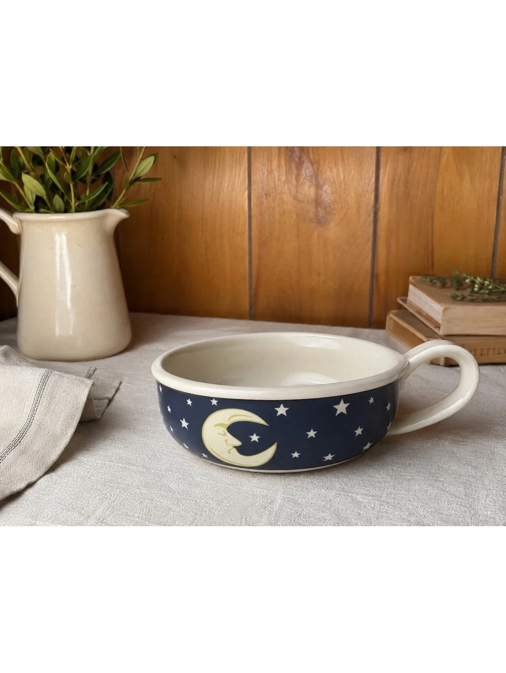 Vintage Moon and Stars Ceramic Porringer Bowl Handled Nursery Dish